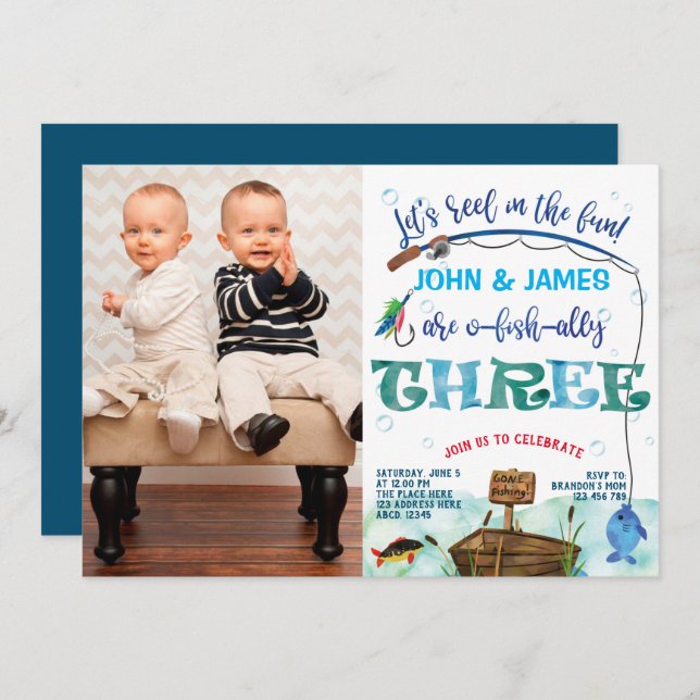 Twins boys little fisherman 3rd birthday photo invitation (Front/Back)