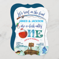 Twins boys little fisherman fishing themed 1st  invitation