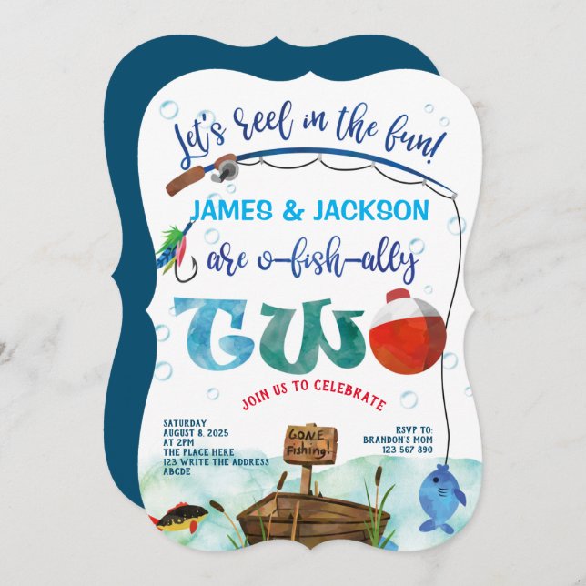 Twins boys little fisherman fishing themed 2nd invitation (Front/Back)