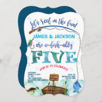 Twins boys little fisherman fishing themed 5th invitation