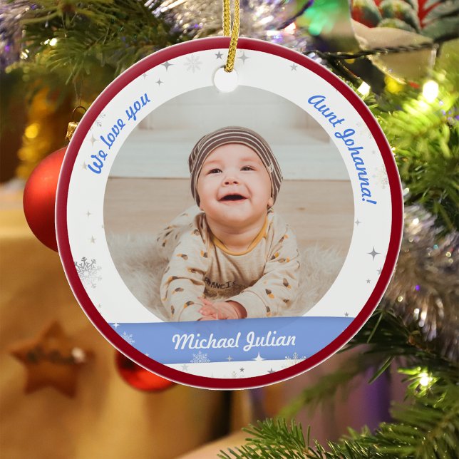 Twins Boys Photos Aunt Cute First Christmas Baby Ceramic Ornament (Modern Elegant Cute First Christmas Baby Twins Boys We love you Auntie Snowflakes Stars Red Frame)