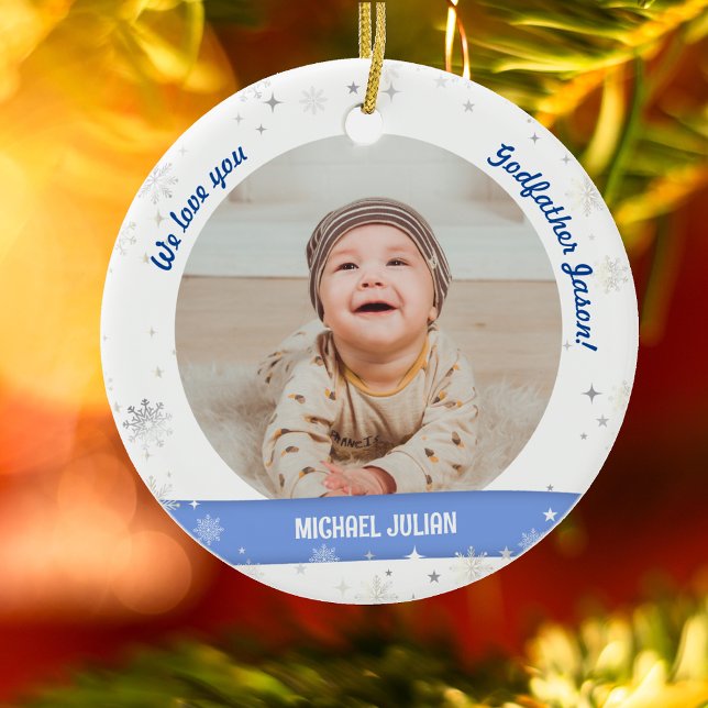 Twins Boys Photos Godfather First Christmas Baby Ceramic Ornament (Modern, Cute, Elegant We love you, Godfather! First Christmas Twin Baby Girls. 2 Photos. Snowflakes)
