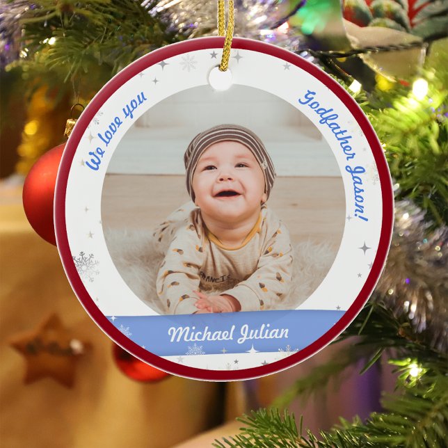 Twins Boys Photos Godfather First Christmas Baby Ceramic Ornament (Modern Elegant Cute First Christmas Baby Twins Boys We love you Godfather Snowflakes Stars Red Frame)
