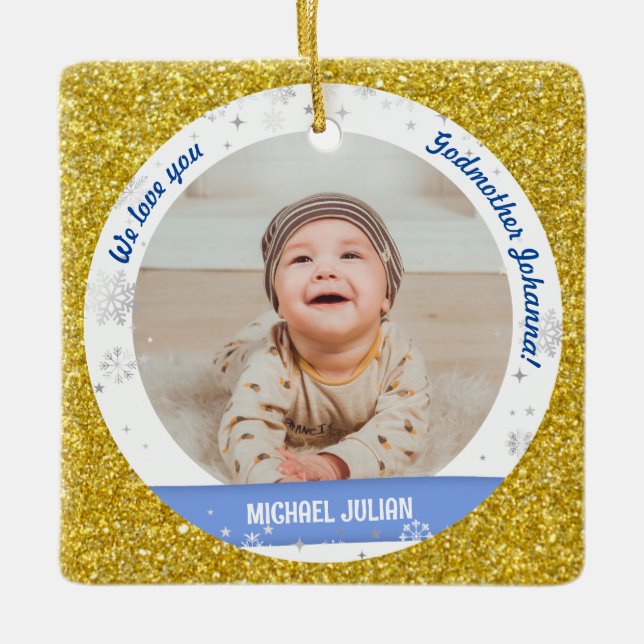 Twins Boys Photos Godmother First Christmas Baby Ceramic Ornament (Front)