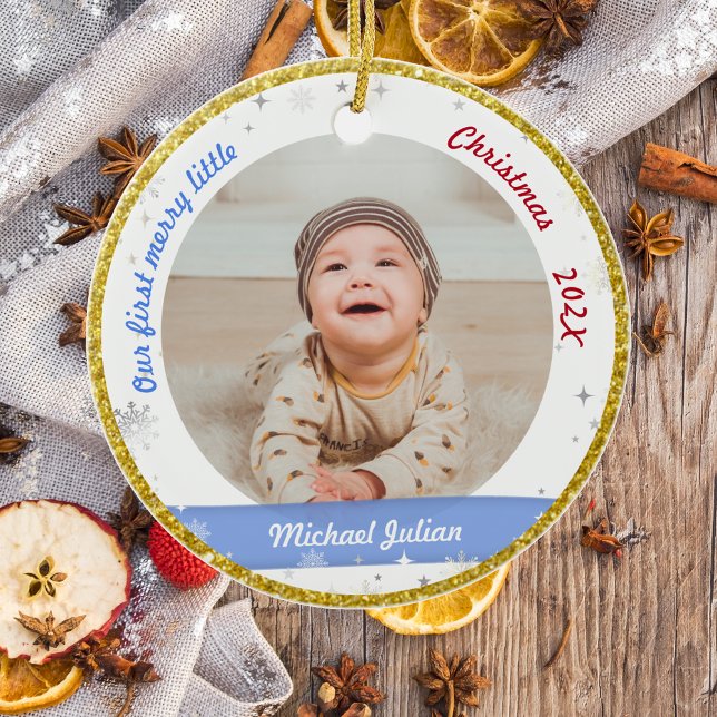 Twins Boys Photos Our First Merry Little Christmas Ceramic Ornament (Modern Elegant Cute Our First Merry Little Christmas Twins Baby Boys 2 Photos Snowflakes Golden)