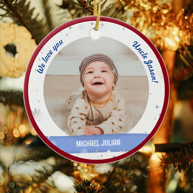 Twins Boys Photos Uncle Cute First Christmas Baby Ceramic Ornament (Cute Modern Elegant Personalized First Christmas Baby We love you Uncle Twin Boys 2 Photos Snow)