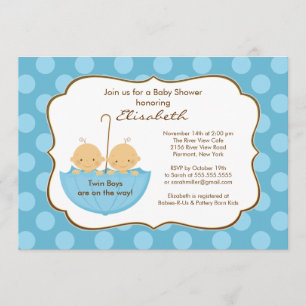 Twins Boys Umbrella Baby Shower Invitation Blue