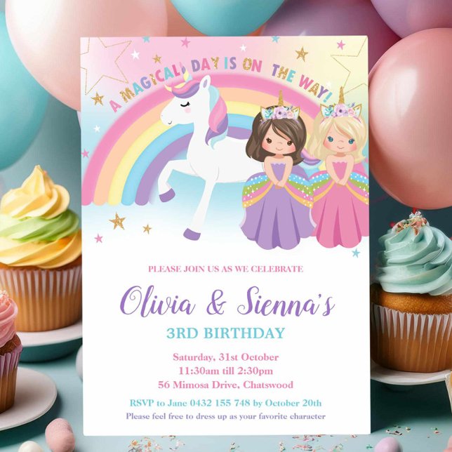 Twins Brunette Blonde Princesses Unicorn Birthday Invitation (Creator Uploaded)