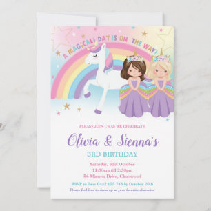 Twins Brunette Blonde Princesses Unicorn Birthday Invitation