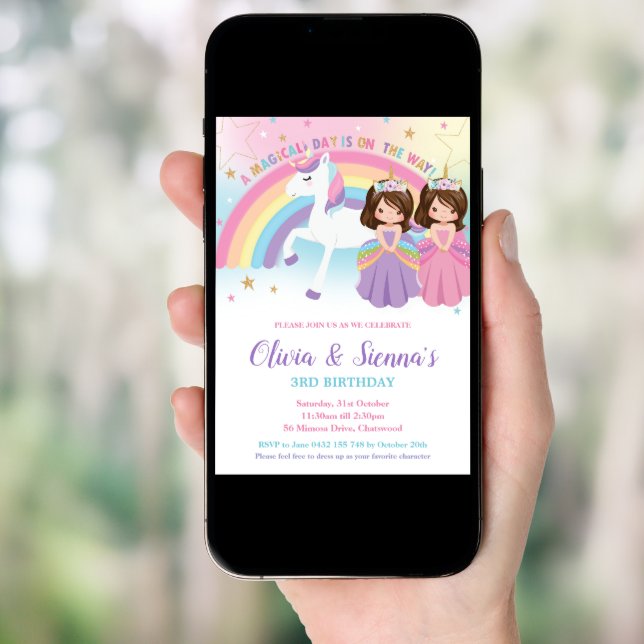 Twins Brunette Princesses and Unicorn Birthday Invitation (Front Digital)