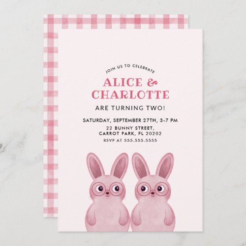 Twins Bunny Birthday Party for Baby Girls Invitation