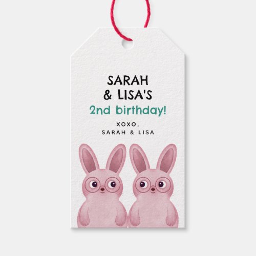 Twins Bunny Birthday Party with Pink Glasses Gift Tags