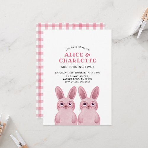 Twins Bunny Birthday Party with Pink Glasses Invitation