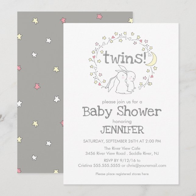 Twins Bunny  | gender neutral baby shower Invitation (Front/Back)