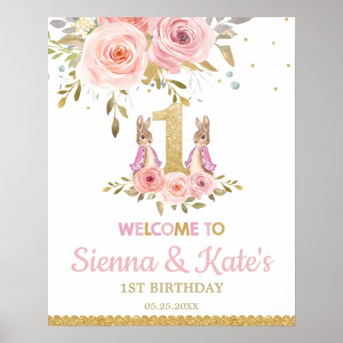 Twins Bunny Rabbit Twin Girls 1st Birthday Welcome Poster