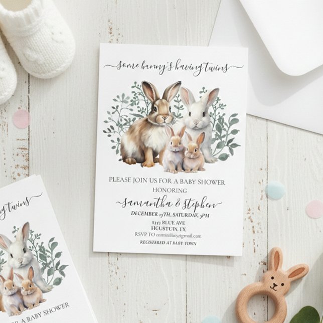 Twins Bunny Watercolor Couples Baby shower Invitation (Creator Uploaded)