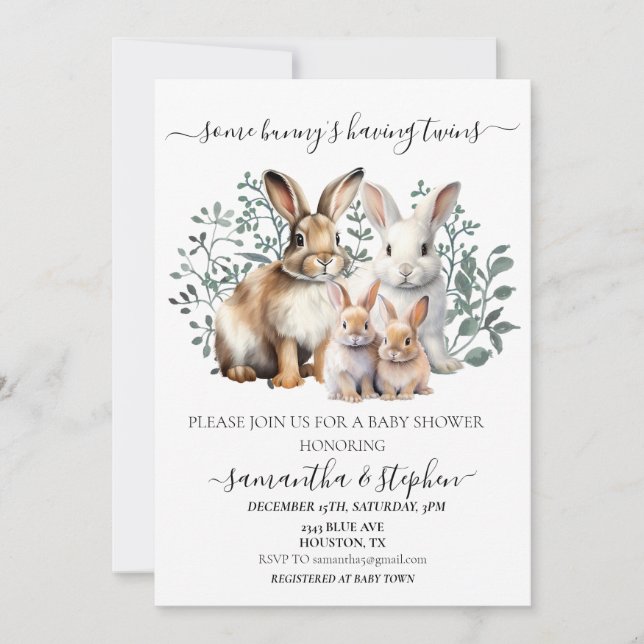 Twins Bunny Watercolor Couples Baby shower Invitation (Front)