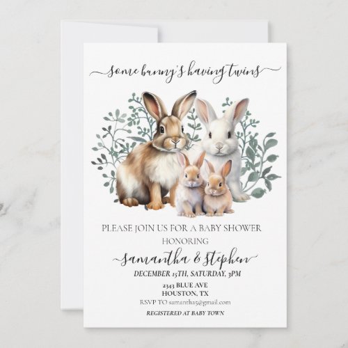 Twins Bunny Watercolor Couples Baby shower Invitation