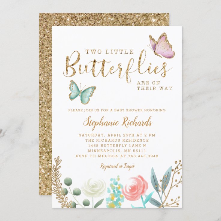 TWINS Butterfly Garden Gold Baby Shower Invitation | Zazzle