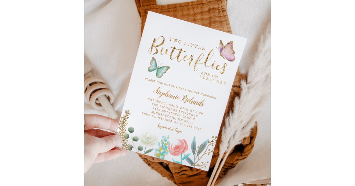 TWINS Butterfly Garden Gold Baby Shower Invitation