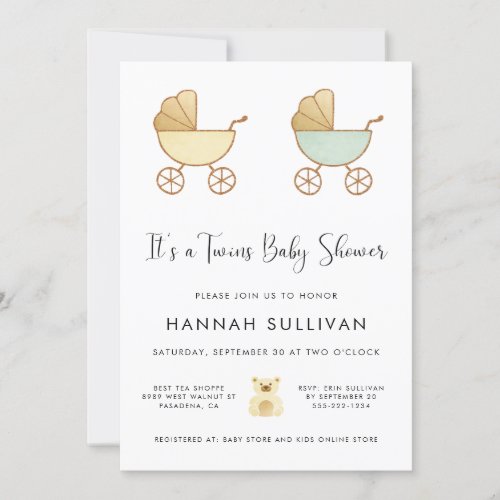 Twins Carriage Yellow Green Gold Watercolor Shower Invitation