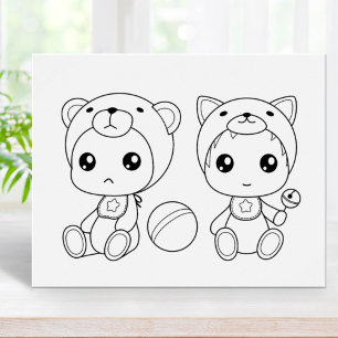 Twins Cat Bear Baby Jumpsuit Coloring Page Poster