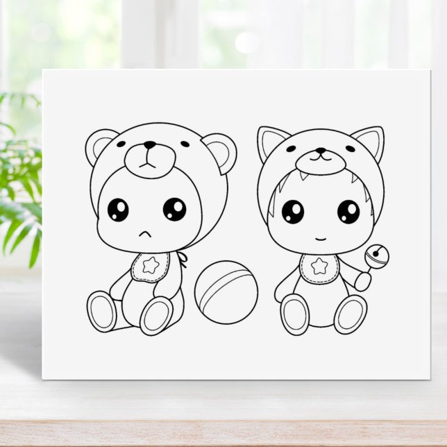 Twins Cat Bear Baby Jumpsuit Coloring Page Rubber Stamp (Creator Uploaded)