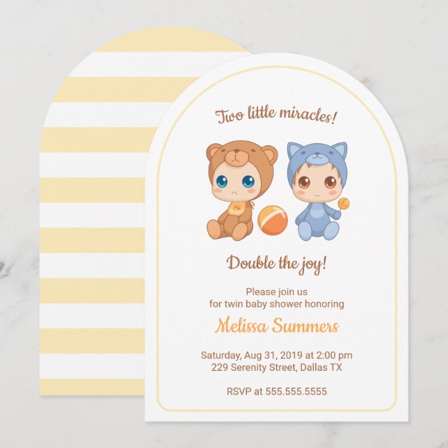 Twins Cat Bear Gender Neutral Baby Shower Invitation (Front/Back)