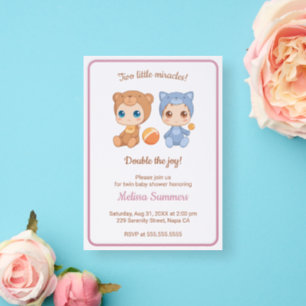 Twins Cat Bear Gender Neutral Baby Shower Letterpress Photo Cards