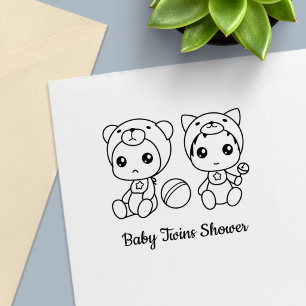 Twins Cat Bear Gender Neutral Baby Shower Self-inking Stamp