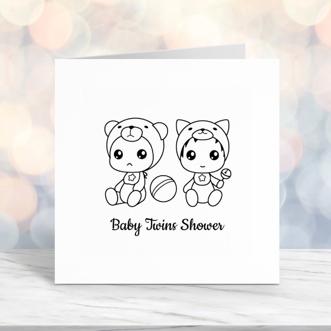 Twins Cat Bear Gender Neutral Baby Shower Self-inking Stamp (Creator Uploaded)