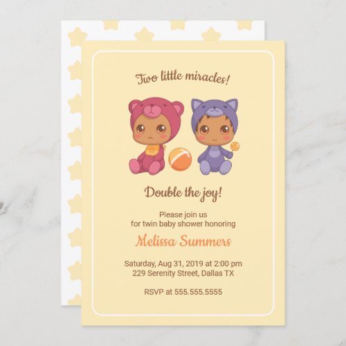 Twins Cat Bear Gender Neutral Baby Shower Yellow Invitation
