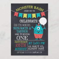 Twins Chalkboard Monster 1st Birthday Invitation