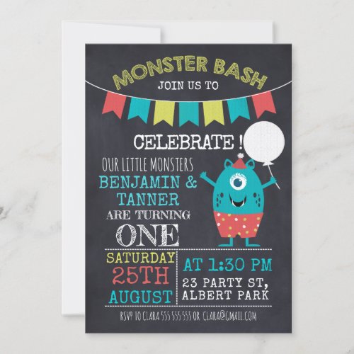 Twins Chalkboard Monster 1st Birthday Invitation