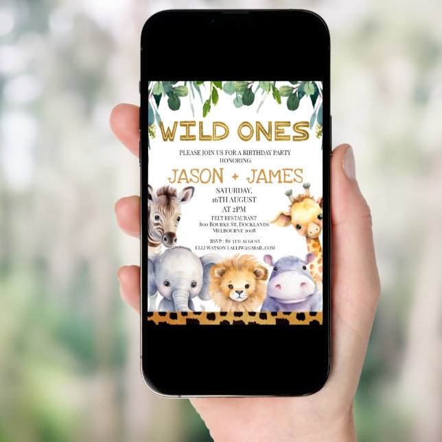 Twins Cheetah Print Wild Ones Safari 1st Birthday Invitation (Front Digital)
