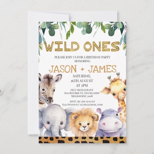 Twins Cheetah Print Wild Ones Safari 1st Birthday Invitation (Front)