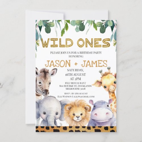 Twins Cheetah Print Wild Ones Safari 1st Birthday Invitation