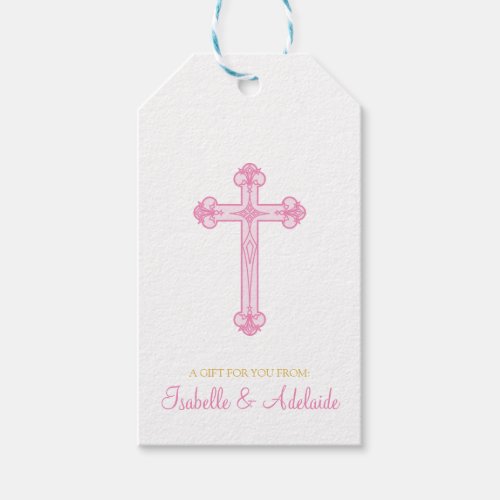  twins CHRISTENING or BAPTISM  pink cross favor  Gift Tags