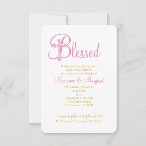 twins CHRISTENING or BAPTISM pink gold cross Invitation