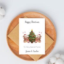Twins Christmas Tree Teddy Bear Card