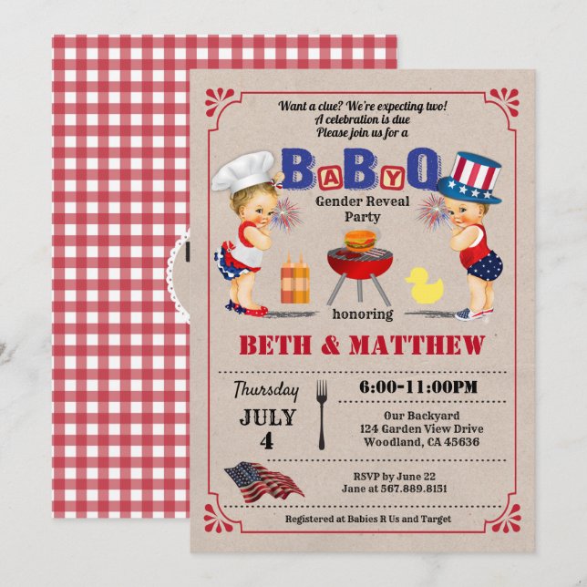 Twins couples baby shower Independence day Invitation (Front/Back)