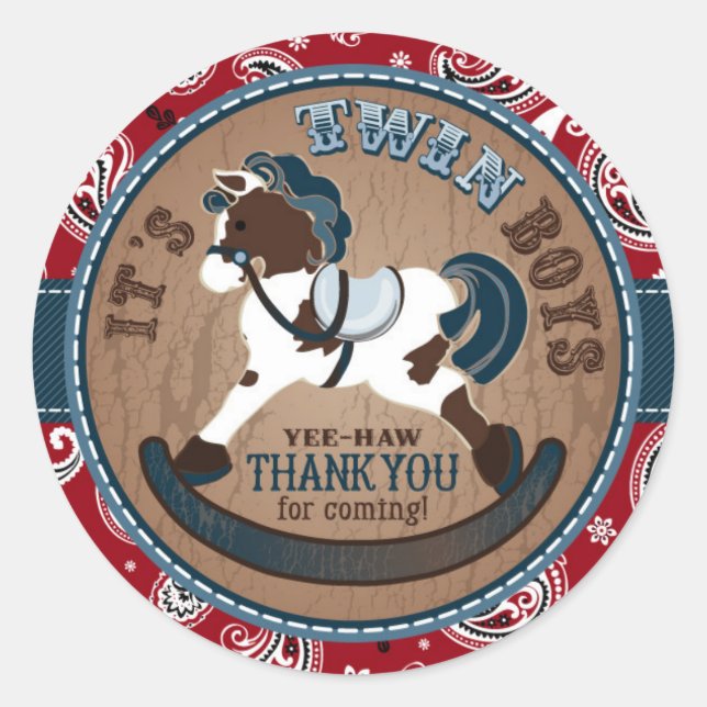 Twins Cowboy Rocking Horse Western Baby Shower Classic Round Sticker (Front)