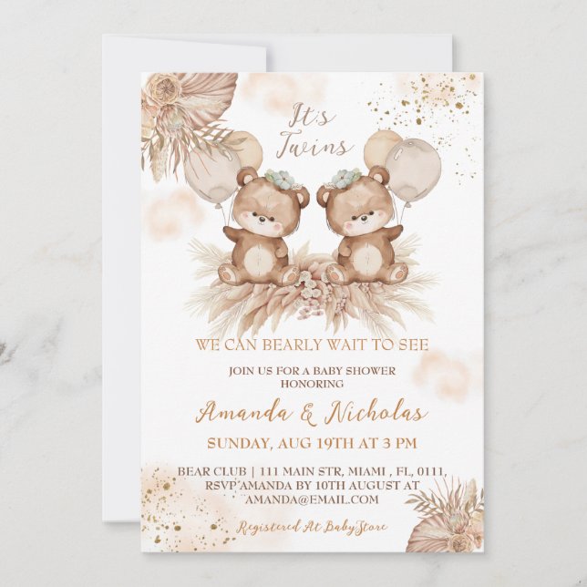 Twins Cute Boho Bear Baby Shower Invitation (Front)