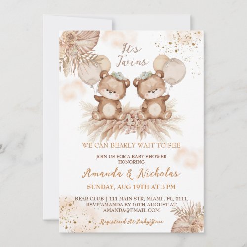 Twins Cute Boho Bear Baby Shower Invitation