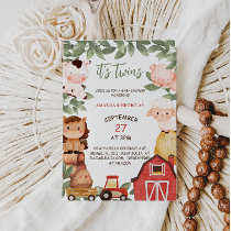 Twins Cute Farm Animals Watercolor Baby Shower Invitation