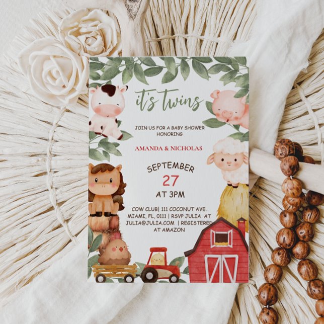Twins Cute Farm Animals Watercolor Baby Shower Invitation (Creator Uploaded)