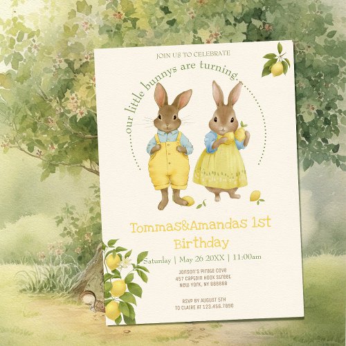 Twins Cute rabbits with lemons birthday Invitation