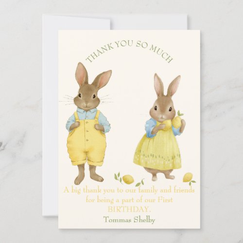 Twins Cute rabbits with lemons birthday Thank You Card