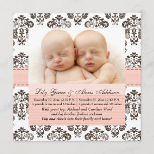 Twins Damask Baby Announcement Pink and Brown