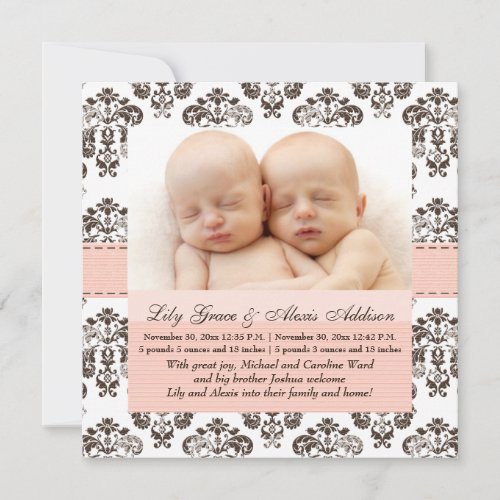 Twins Damask Baby Announcement Pink and Brown